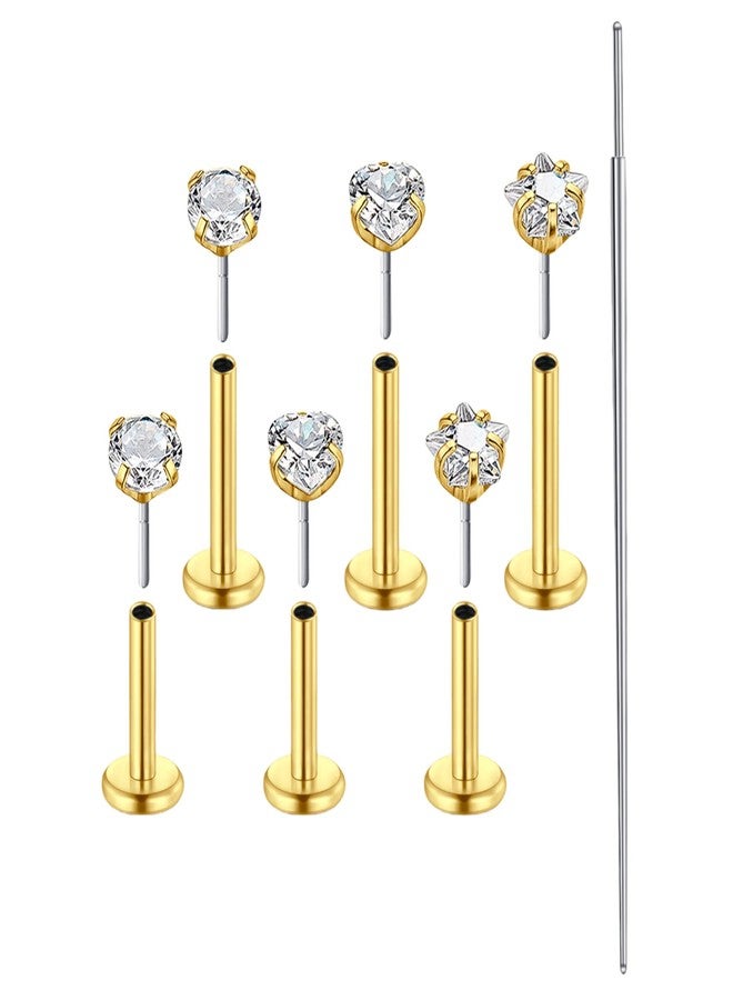 DJCIW 7PCS 20G Gold Threadless Nose Studs and Flatback Cartilage Earrings Set-Hypoallergenic 316L Steel Push-In White CZ Studs with Insertion Taper for Labret Tragus Helix Conch Piercings 6/8/10mm - Image 1